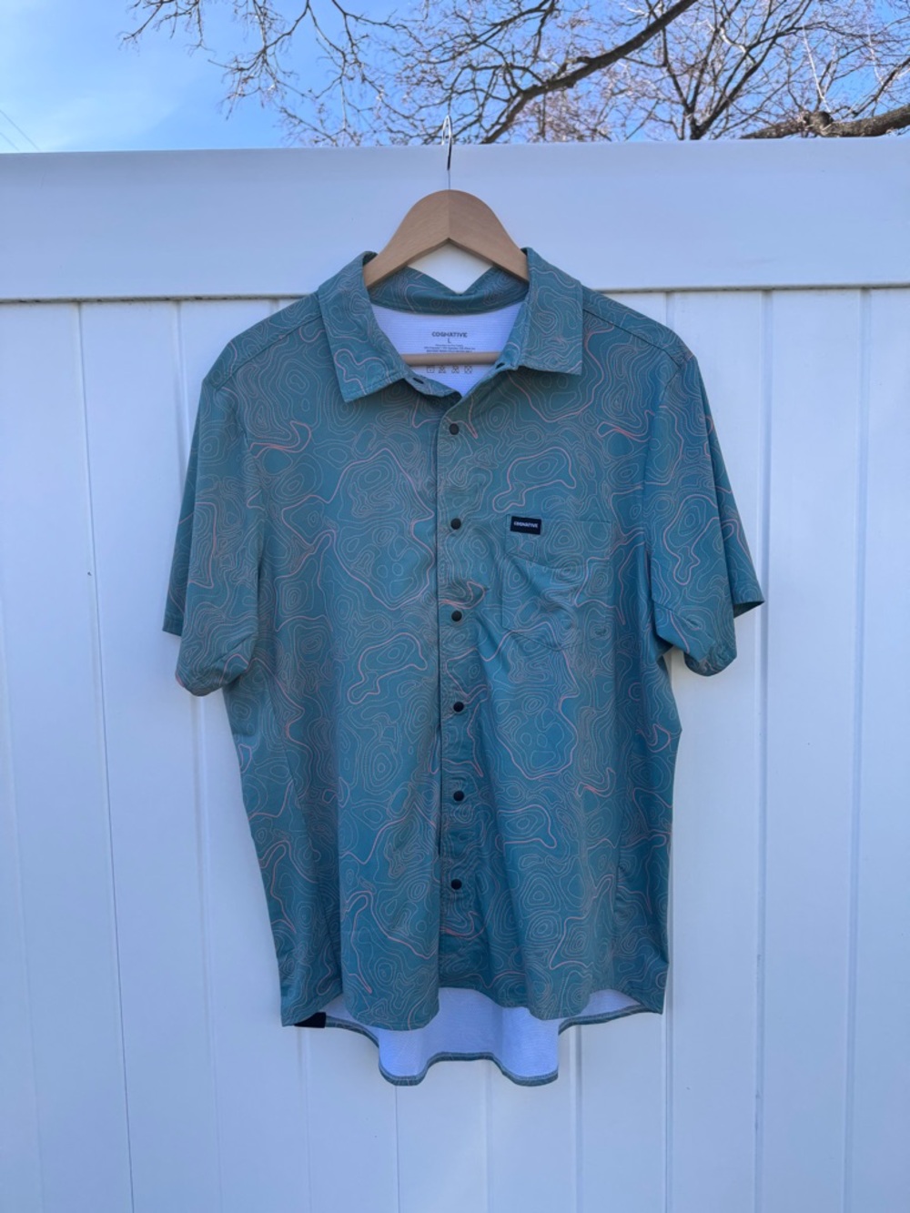 Cognitive Teal Topographic Short-Sleeve Cycling Button-Down Shirt